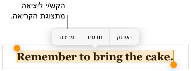 נבחר משפט, ומעליו מופיע תפריט הקשר עם הכפתורים ״העתק״ ו״עריכה״.