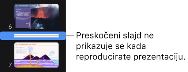 Navigator slajda prikazuje preskočeni slajd u obliku vodoravne linije.