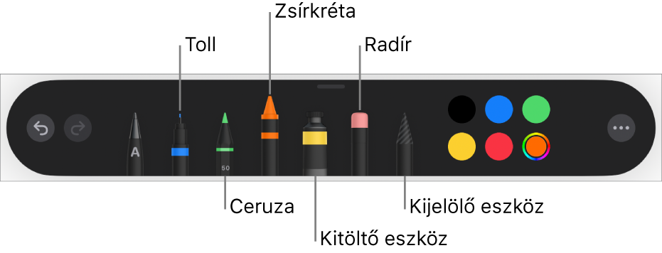 A rajz eszközsor tollal, ceruzával, zsírkrétával, kitöltőeszközzel, radírral, kijelölés eszközzel és az aktuális színt megjelenítő színrekesszel.