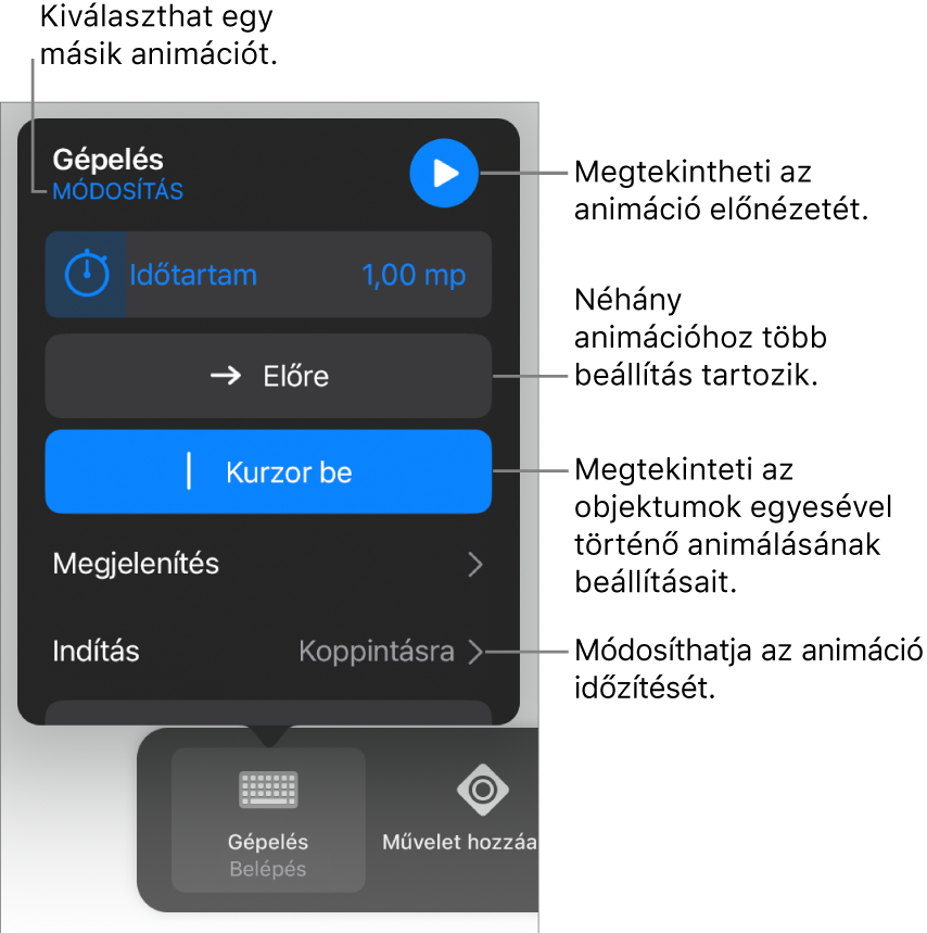 Az Animációra vonatkozóan megadhatja az időtartam, a végrehajtás és az indítás időzítésének beállításait. Ha másik animációt szeretne választani koppintson a Módosítás lehetőségre, vagy az Előnézet lehetőségre koppintva megtekintheti az animáció előnézetét.