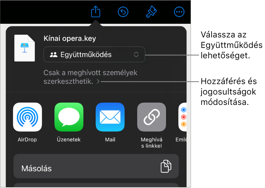 A Megosztás menü a felül kijelölt Együttműködés lehetőséggel, és az alatt látható hozzáférési és jogosultsági beállításokkal.