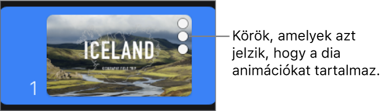 Dia három karikával a jobb felső sarokban, amelyek a dián található animációkat jelölik.