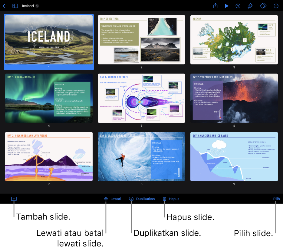 Tampilan tabel ringkas dengan tombol di bagian bawah layar untuk menambahkan, melewati, menduplikatkan, dan menghapus slide, dan untuk memilih beberapa slide.