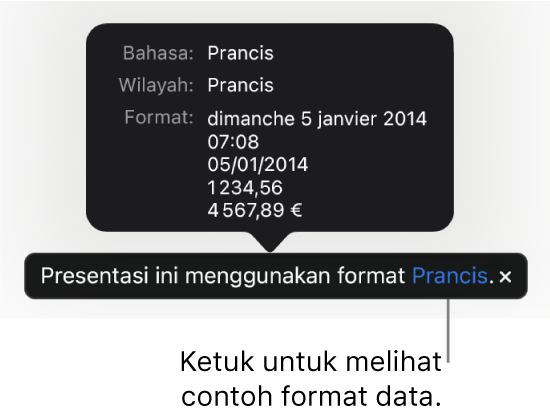 Pemberitahuan pengaturan bahasa dan wilayah yang berbeda, menunjukkan contoh format dalam bahasa dan wilayah tersebut.