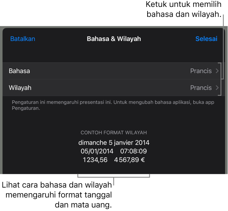 Panel Bahasa dan Wilayah dengan kontrol untuk bahasa dan wilayah, serta contoh format termasuk tanggal, waktu, desimal, dan mata uang.