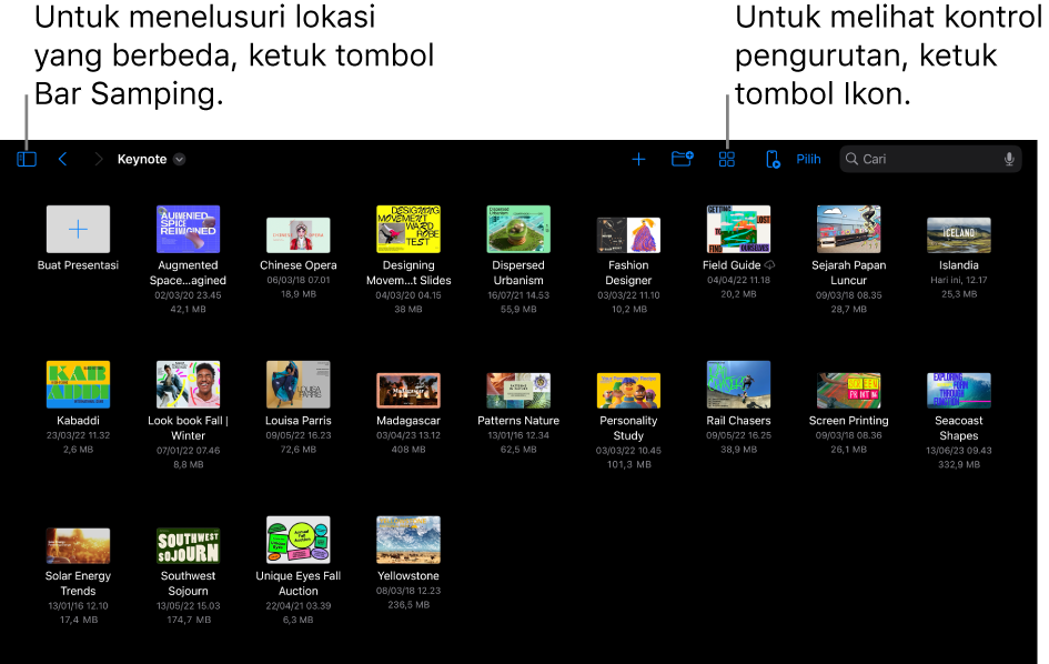 Tampilan telusuri pengelola presentasi dengan tombol Bar Samping di pojok kiri atas. Di kanan atas terdapat tombol Tambah, tombol Folder Baru, tombol Ikon (untuk mengurutkan menurut nama, tanggal, ukuran, atau label), tombol Pilih, dan tombol Cari. Di bawah ini terdapat gambar mini dari presentasi yang ada.