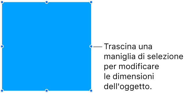 Un oggetto con punti blu sul bordo per la modifica delle dimensioni.