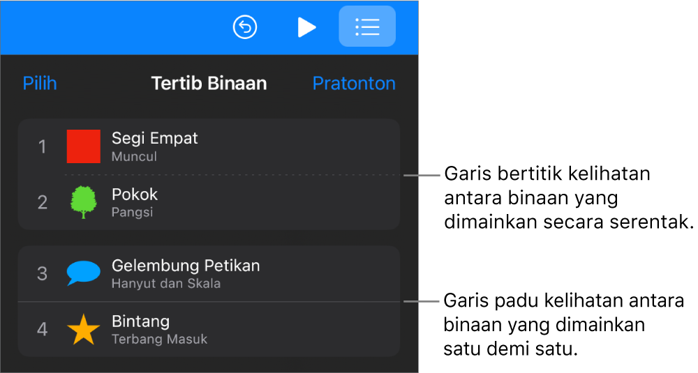 Menu Tertib Binaan, dengan garis bertitik kelihatan antara binaan yang dimainkan serentak dan garis padu antara binaan yang dimainkan satu demi satu.