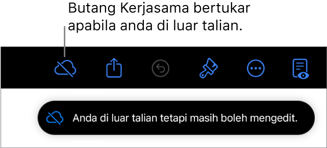 Butang di bahagian atas skrin, dengan butang Kerjasama bertukar menjadi awan dengan garis pepenjuru merentasinya. Isyarat pada skrin menyatakan “Anda di luar talian tetapi masih boleh mengedit”.