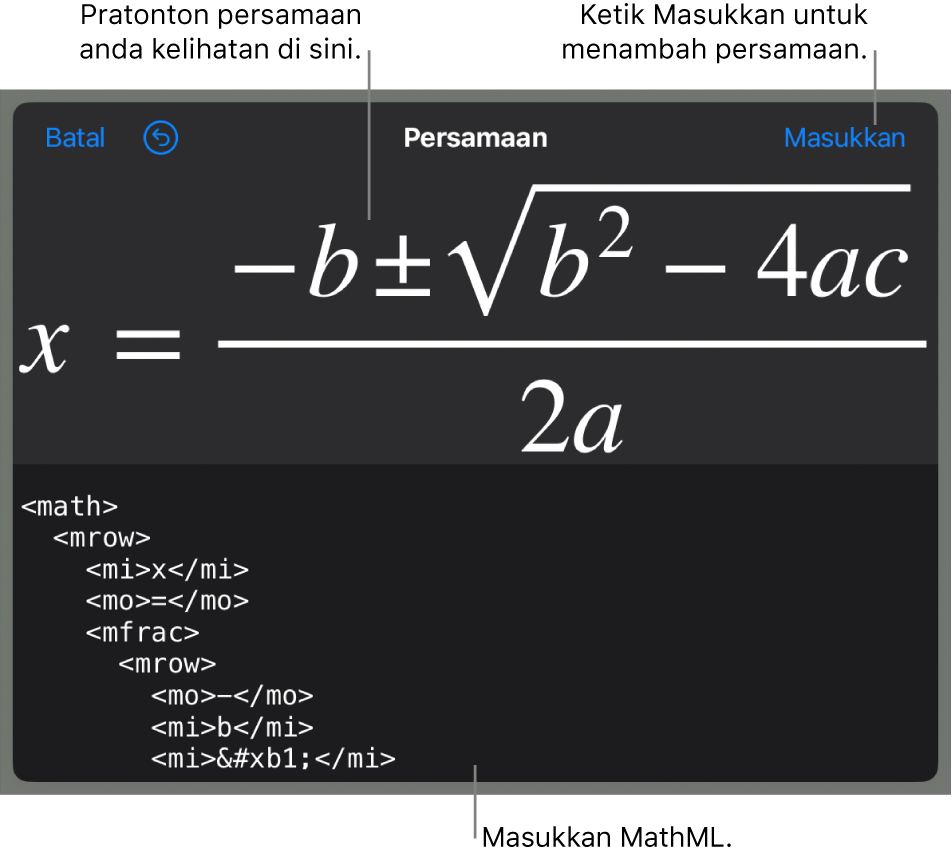 Dialog Persamaan, menunjukkan persamaan yang ditulis menggunakan perintah MathML manakala pratonton formulanya di atas.