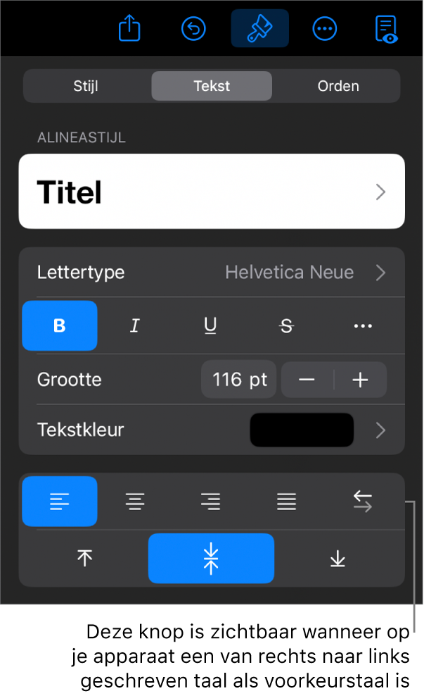 Tekstregelaars in het opmaakmenu met uitleg bij de knop voor links naar rechts.