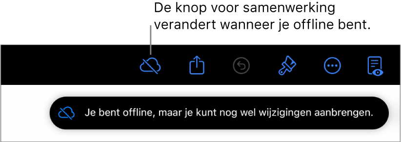 De knoppen boven in het scherm, met de knop voor samenwerking die is veranderd in een wolk met een schuine streep. De volgende melding verschijnt op het scherm: 'Je bent offline, maar je kunt nog wel wijzigingen aanbrengen.'