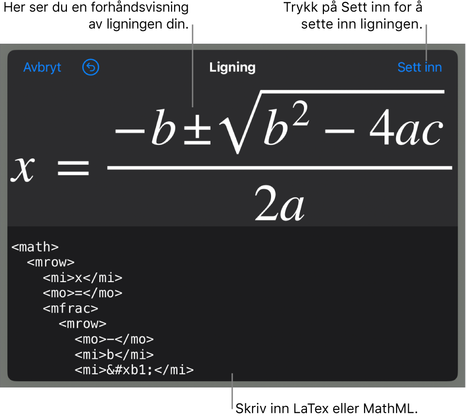 Ligning-dialogruten, som viser en formel skrevet med MathML-kommandoer, og en forhåndsvisning av formelen ovenfor.