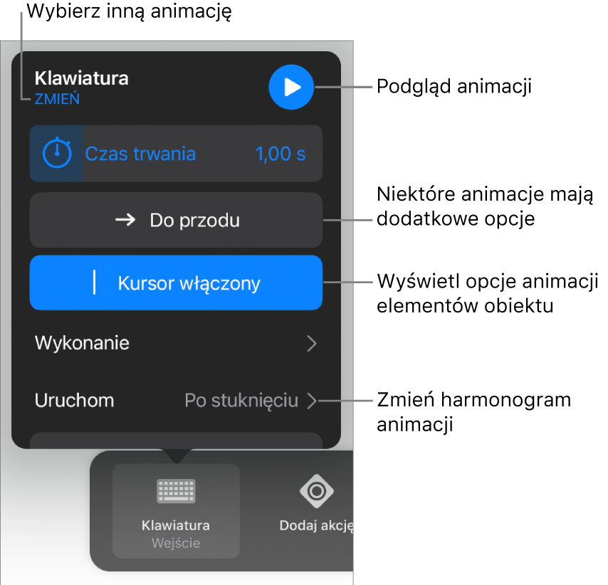 Widoczne są opcje animacji: Czas trwania, Wykonanie oraz Rozpoczęcie. Stuknij w Zmień, aby wybrać inną animację. Stuknij w Podgląd, aby zobaczyć podgląd animacji.