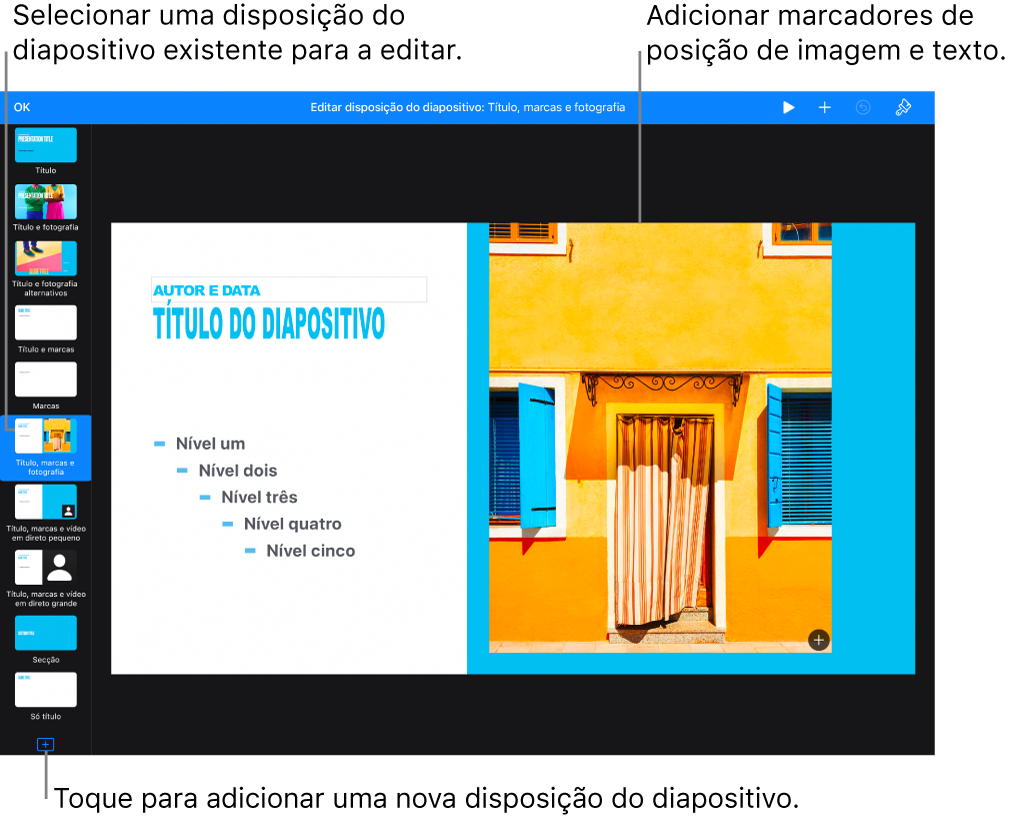Uma disposição de diapositivo visível no fundo do diapositivo, com o botão Adicionar disposição do diapositivo na parte inferior do navegador de diapositivos.