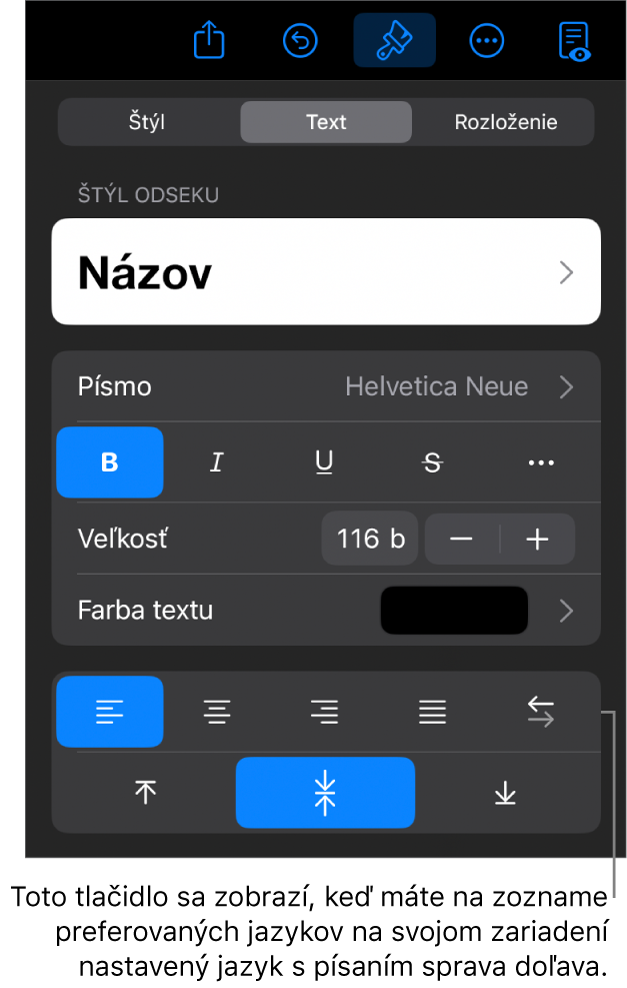 Ovládacie prvky textu v menu Formát s bublinou pre tlačidlo Zľava doprava.