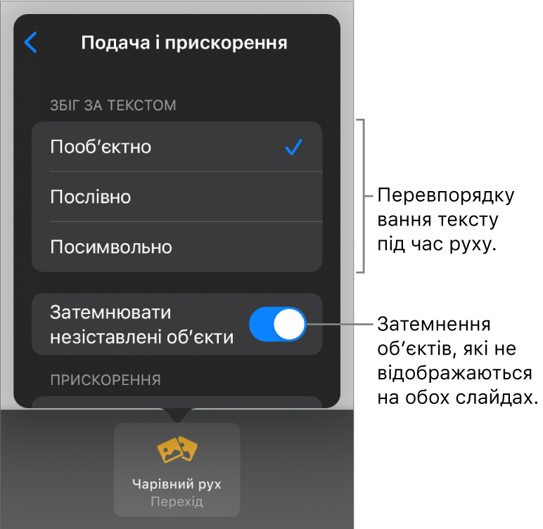 Опції подачі й прискорення «чарівного руху» на панелі «Прискорення».