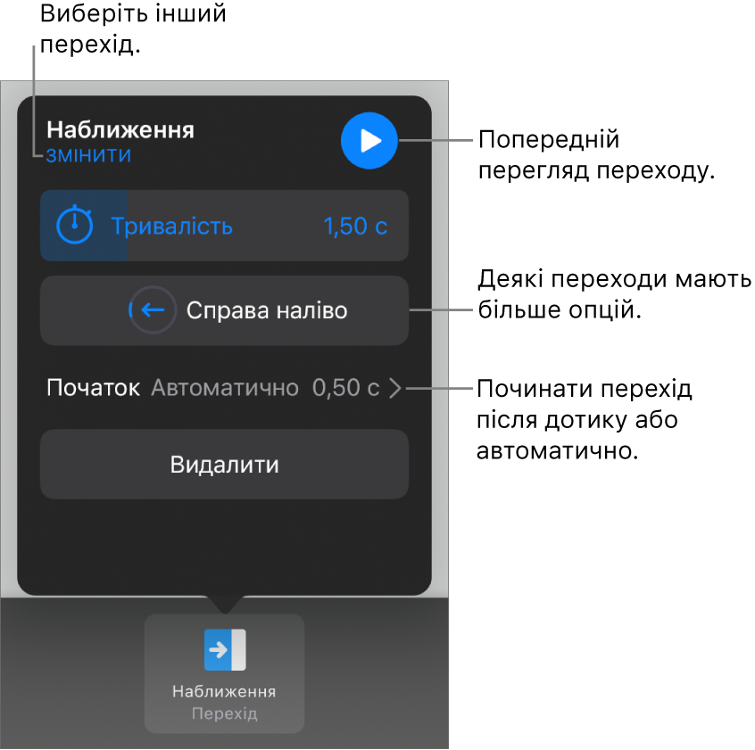 Елементи керування на панелі «Опції», призначені для зміни переходу.