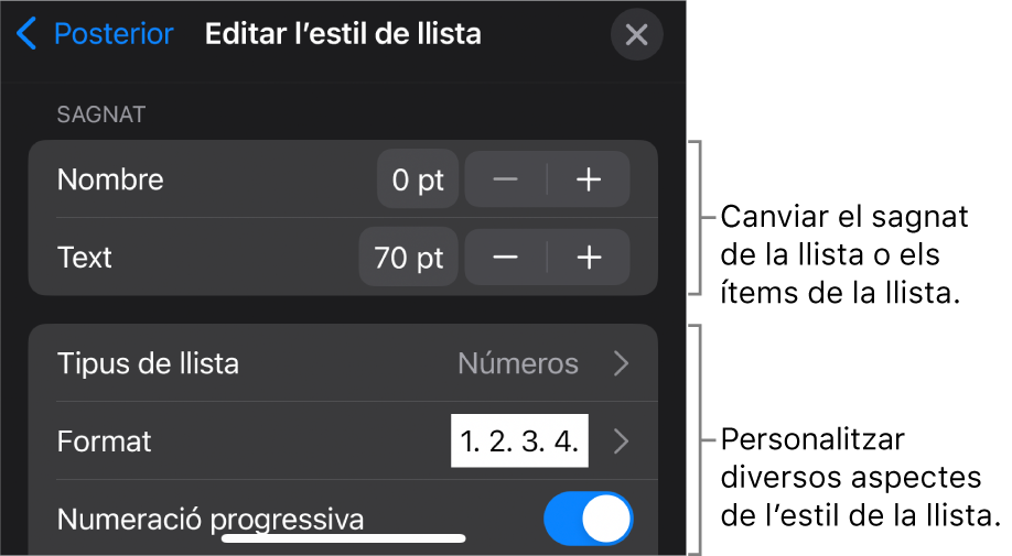 Menú “Editar l’estil de llista” amb controls per editar el tipus i l’aspecte de la llista.