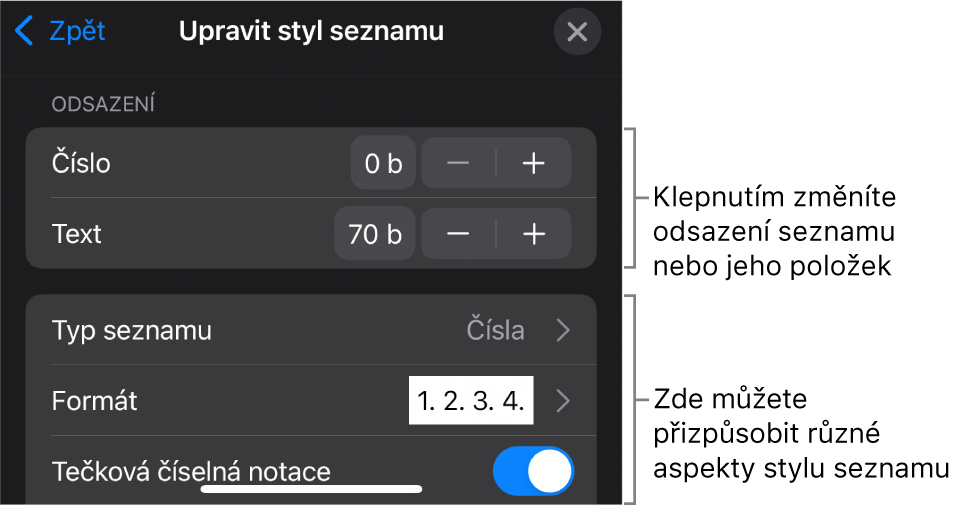 Nabídka „Upravit styl seznamu“ s ovládacími prvky pro úpravu typu a vzhledu seznamu