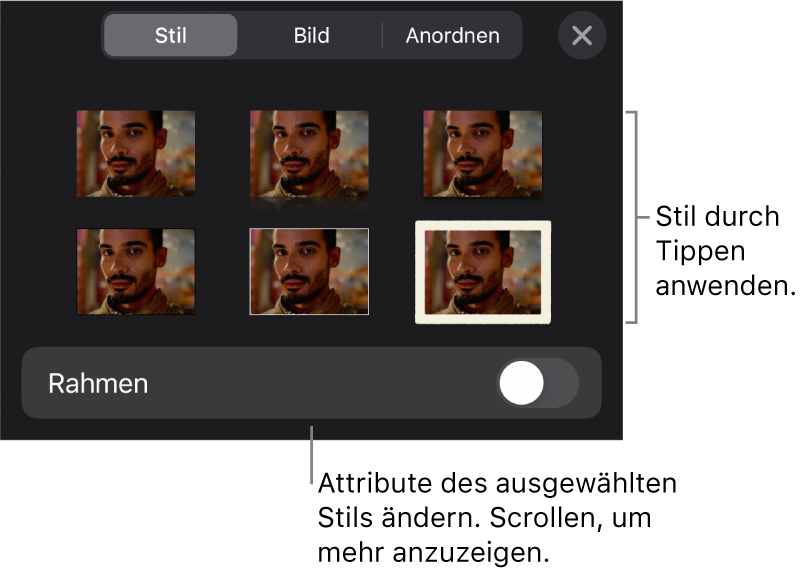 Der Tab „Stil“ des Menüs „Format“ mit Objektstilen oben und darunter einem Steuerelement zum Ändern des Rahmens