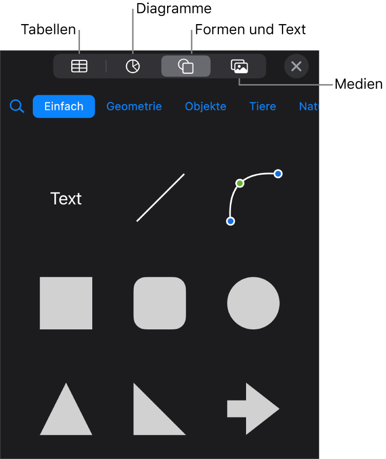 Die Steuerelemente zum Hinzufügen eines Objekts mit Tasten am oberen Rand zum Auswählen von Tabellen, Diagrammen und Formen (einschließlich Linien und Textfelder) sowie Medien