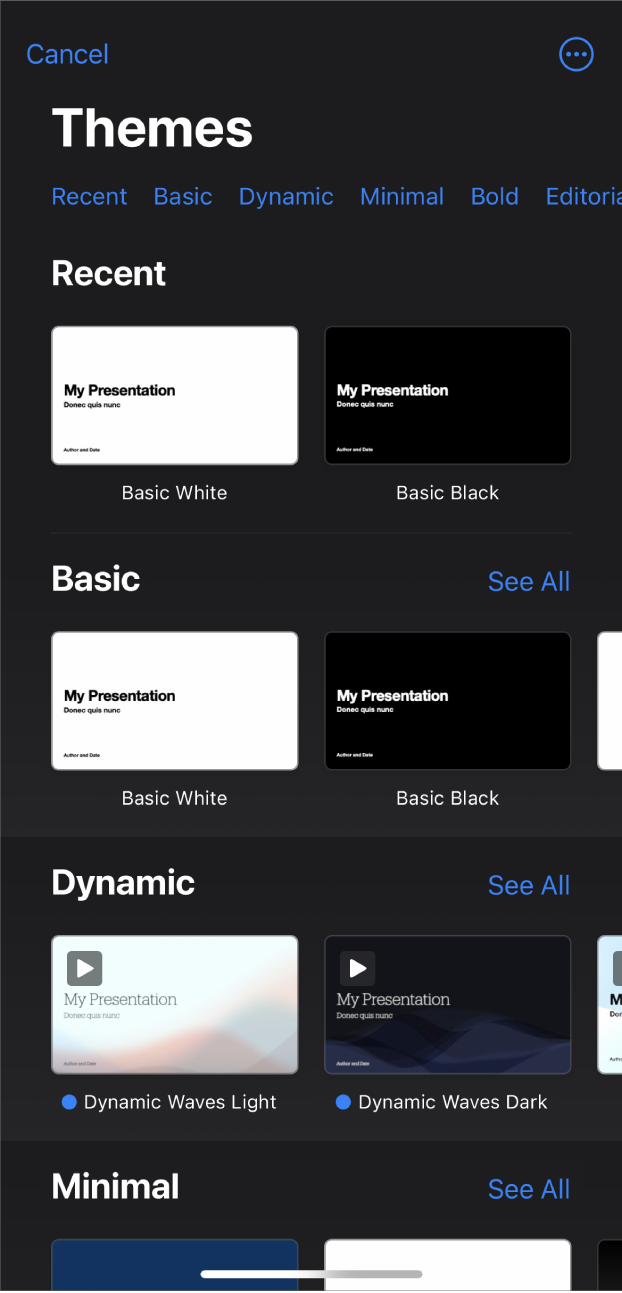 The theme chooser, showing a row of categories across the top that you can tap to filter the options. The More button is in the top-right corner, where you can set Standard or Wide format and set formatting for a specific language or region. Below are thumbnails of pre-designed themes arranged in rows by category. A See All button appears above and to the right of each category row.