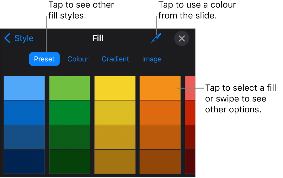 Fill options in the Style tab.