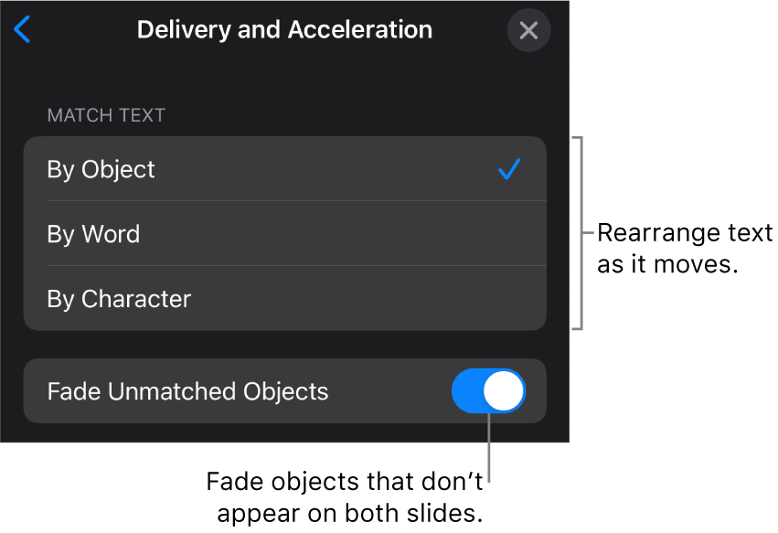 Magic Move delivery and acceleration options in the Acceleration pane.