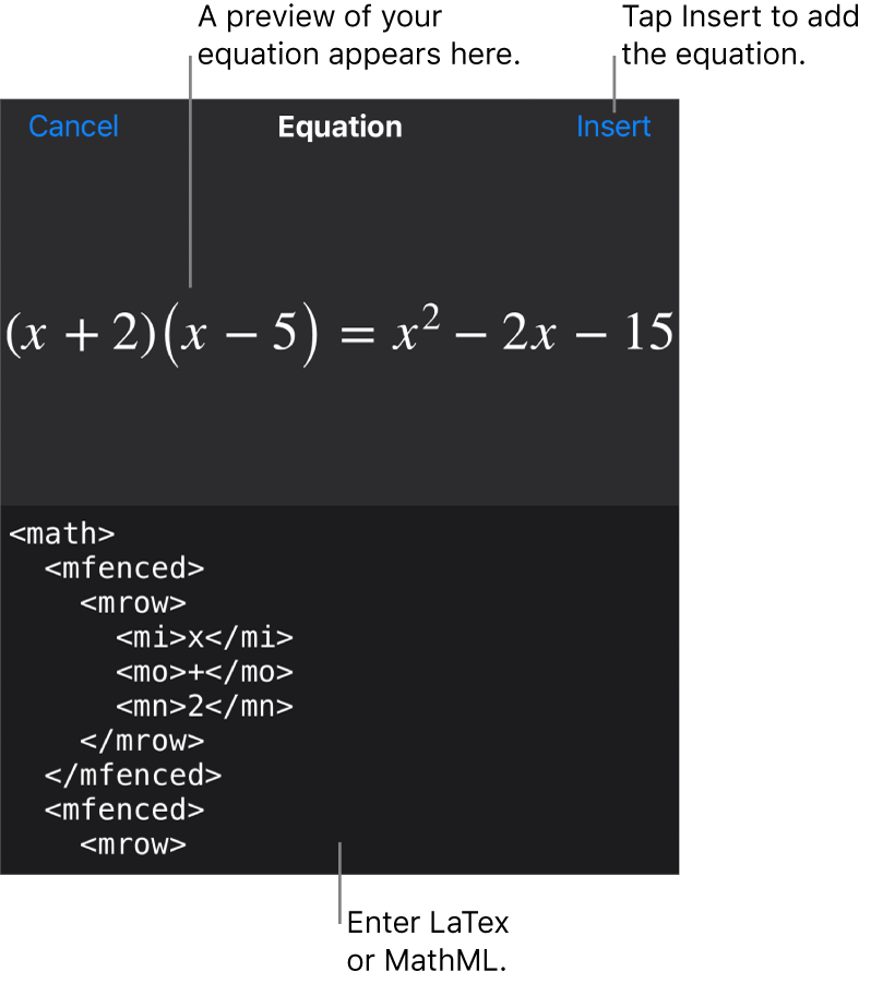 The Equation dialogue, showing an equation written using MathML commands and a preview of the formula above.