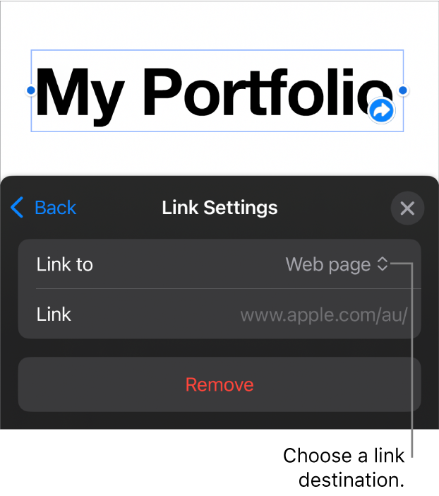 The Link Settings controls with Web Page selected, and the Remove button at the bottom.