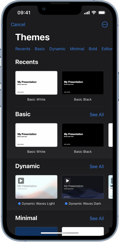  The theme chooser, showing a row of categories across the top that you can tap to filter the options. Below are thumbnails of pre-designed themes arranged in rows by category.