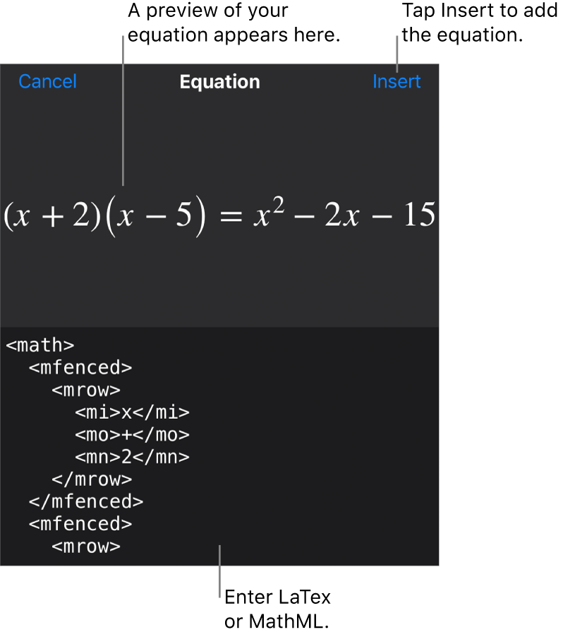 The Equation dialog, showing an equation written using MathML commands, and a preview of the formula above.