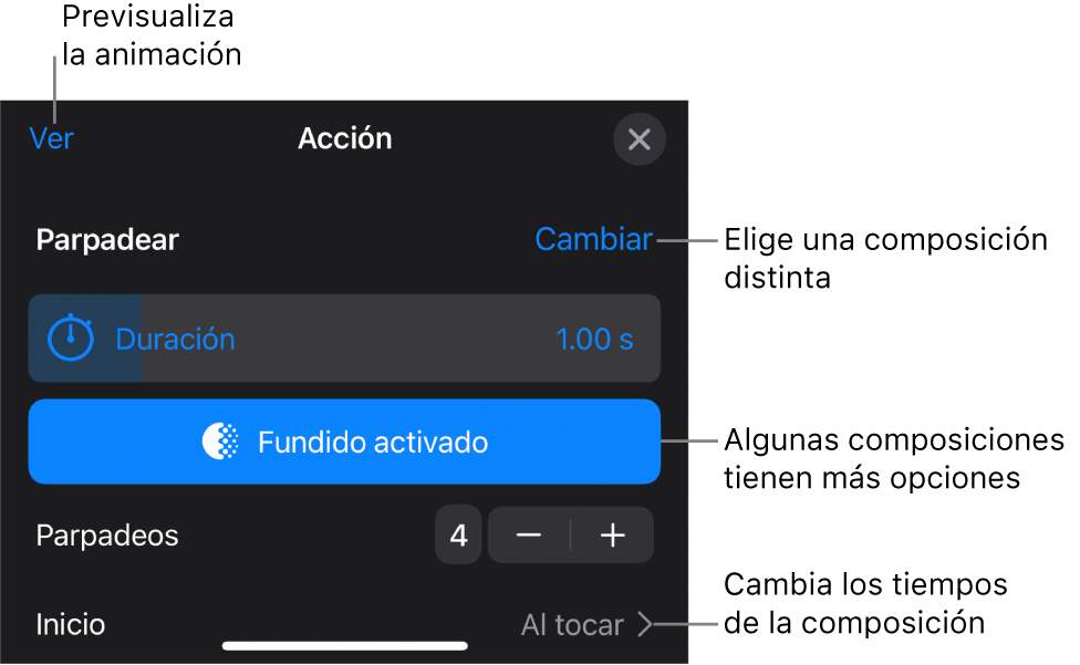 Las opciones de composición incluyen los tiempos de Duración e Inicio. Toca Cambiar para seleccionar una composición distinta, o toca Previsualización para previsualizar la composición.