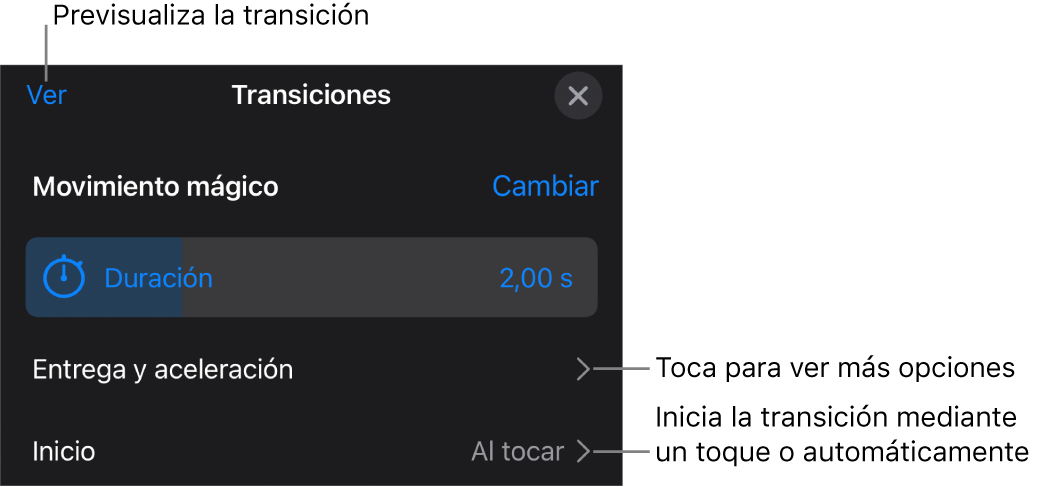 Controles de “Movimiento mágico” en el panel Transiciones.