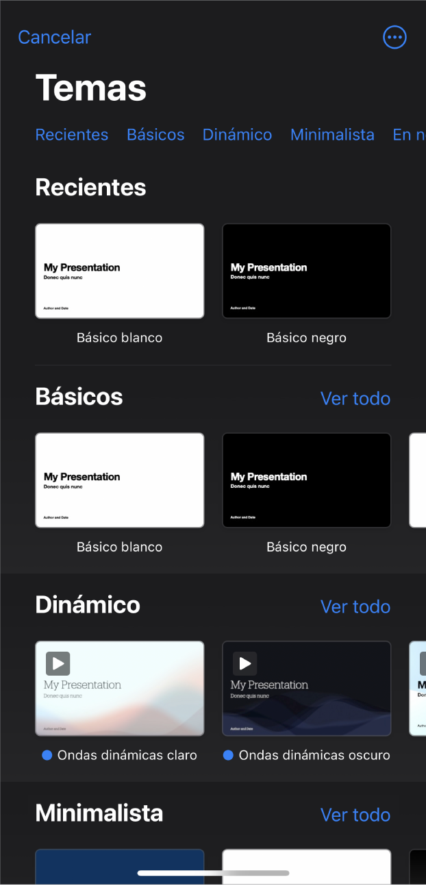 El selector de tema, mostrando una fila de categorías a lo largo de la parte superior que puedes tocar para filtrar las opciones. Debajo hay miniaturas de temas prediseñados organizados en filas por categorías.