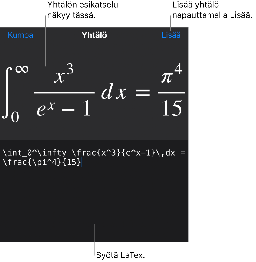 Yhtälö-valintaikkuna, jossa näkyy LaTex-komentoja käyttäen syötetty yhtälö, ja yllä kaavan esikatselu.