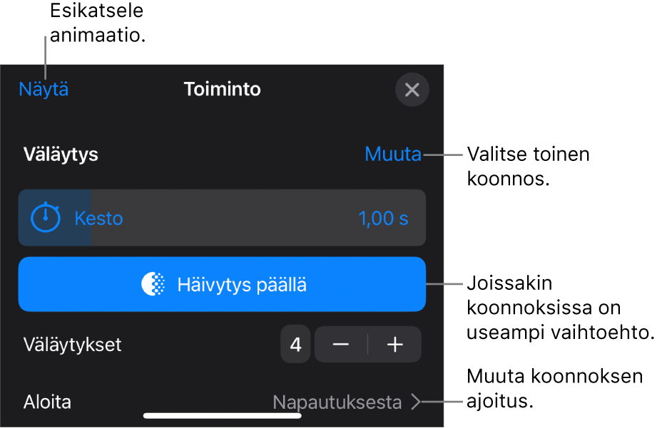 Koonnosvalintoihin sisältyy Kesto ja Aloituksen ajoitus. Valitse toinen koonnos napauttamalla Muuta tai esikatsele koonnosta napauttamalla Esikatsele.