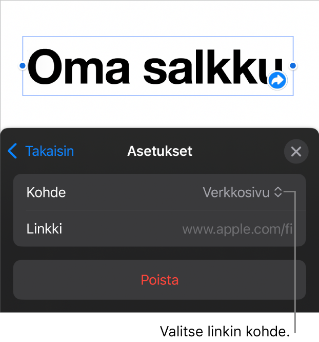 Linkkiasetukset-säätimet, joissa on valittuna Verkkosivu ja alhaalla on painike Poista.