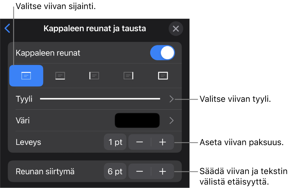 Säätimiä viivan tyylin, paksuuden, sijainnin ja värin muuttamiseen.