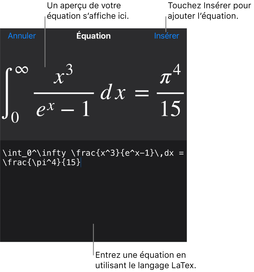 Zone de dialogue Équation, affichant une équation composée à l’aide des commandes LaTex et aperçu de la formule au-dessus.