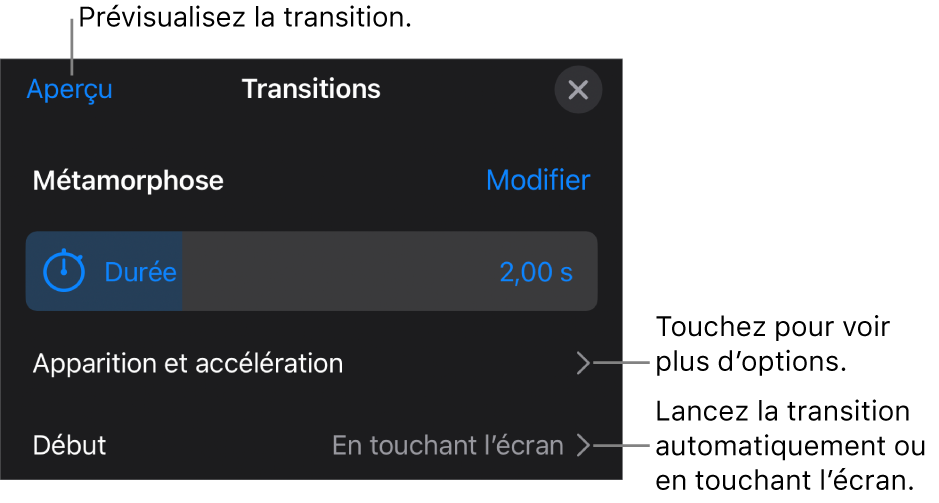 Commandes Métamorphose de la sous-fenêtre Transitions.