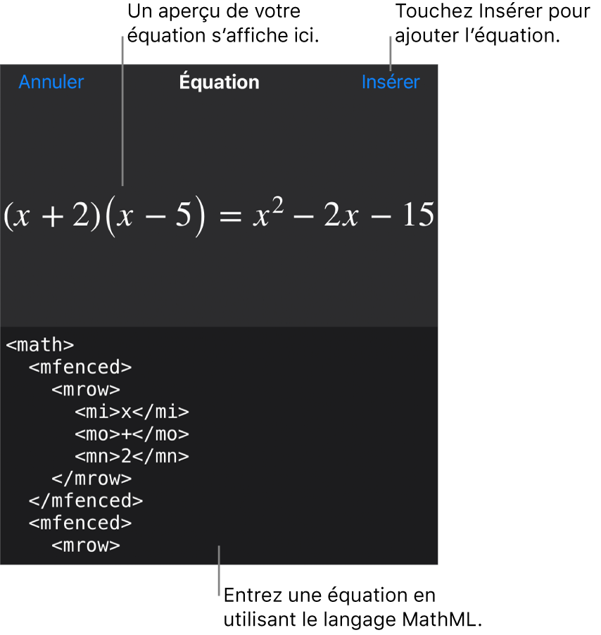 Zone de dialogue Équation, affichant une équation composée à l’aide des commandes MathML et aperçu de la formule au-dessus.