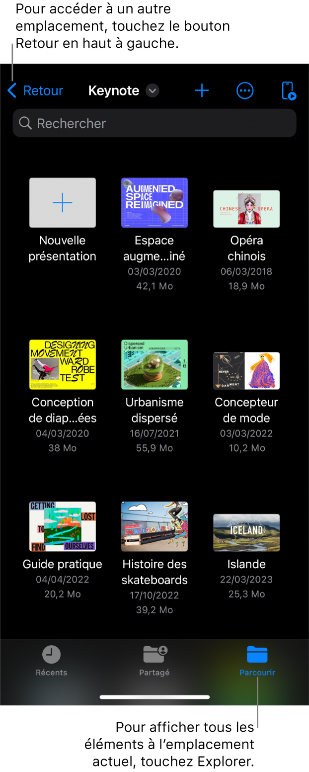 La présentation de navigation du gestionnaire de présentations avec le bouton Retour dans le coin supérieur gauche et un champ de recherche en dessous de celui-ci. Dans le coin supérieur droit se trouvent les boutons Ajouter, Plus et Télécommande. En bas de l’écran se trouvent les boutons Récents, Partagé et Parcourir.