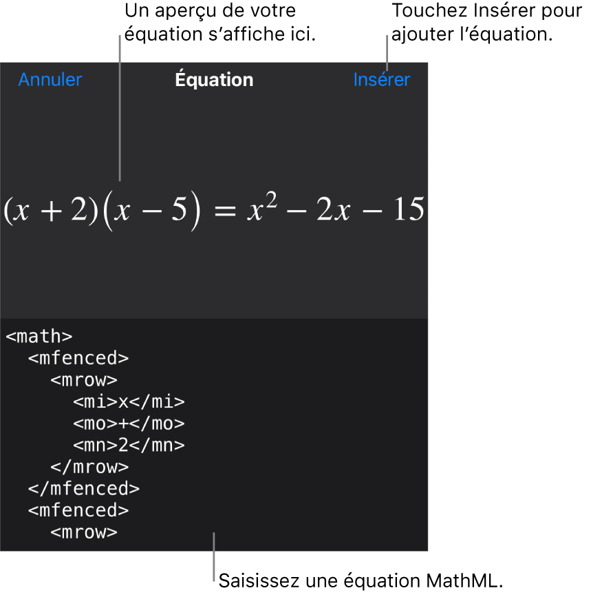 Zone de dialogue Équation, affichant une équation composée à l’aide des commandes MathML et aperçu de la formule au-dessus.