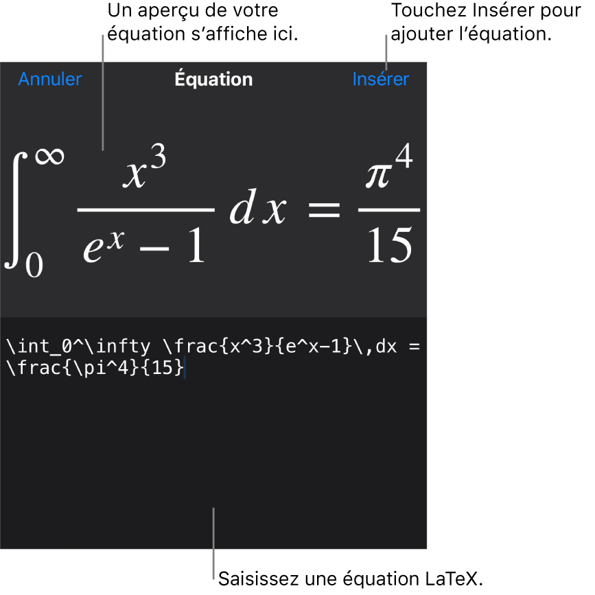 Zone de dialogue Équation, affichant une équation composée à l’aide des commandes LaTex et aperçu de la formule au-dessus.