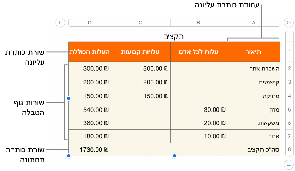 טבלה עם שורות ועמודות כותרת עליונה, גוף טבלה וכותרת תחתונה ועם ידיות אחיזה להוספה או מחיקה של שורות או עמודות.