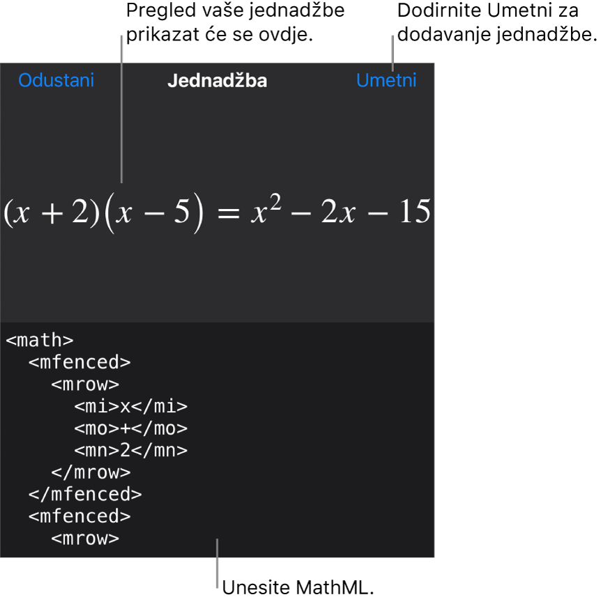 Dijaloški okvir Jednadžba koji prikazuje jednadžbu napisanu korištenjem MathML naredbi i prikaz gornje formule.