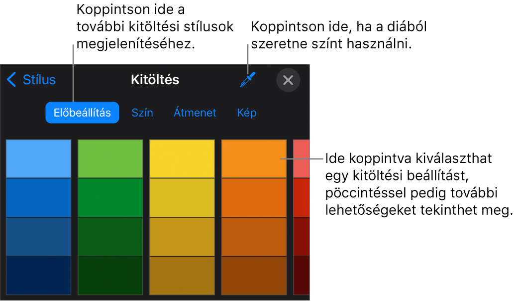 Kitöltési lehetőségek a Stílus lapon.