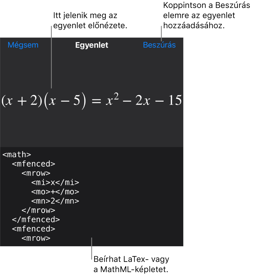 Az Egyenlet párbeszédpanel, amelyen egy, a MathML-parancsok használatával írt egyenlet, felül pedig az egyenlet előnézete látható.